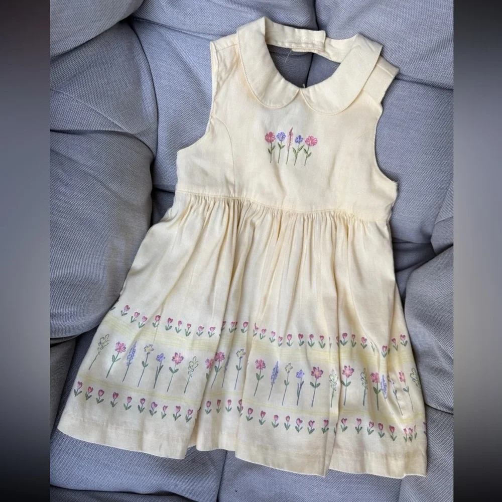 Vintage 1998‎ Gymboree Toddler Embroidered Floral Yellow Dress Linen Blend Sz 2